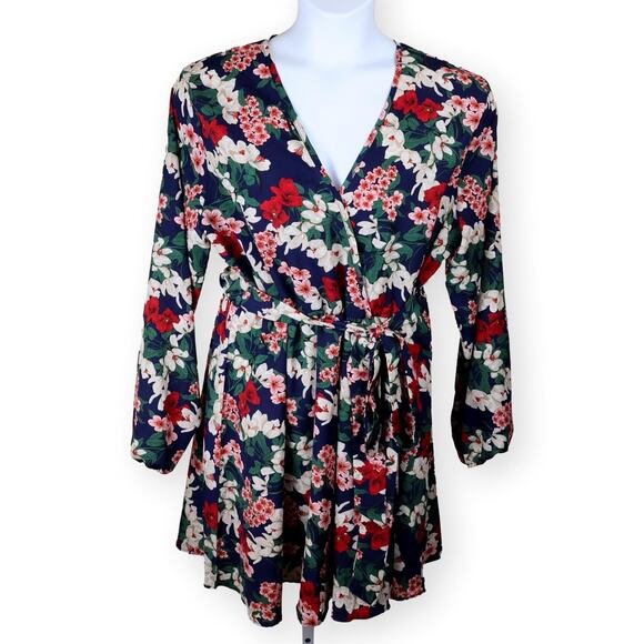Boohoo Blue Red Multi FLORAL SELF BELT SKATER DRESS 14 - Picture 1 of 9